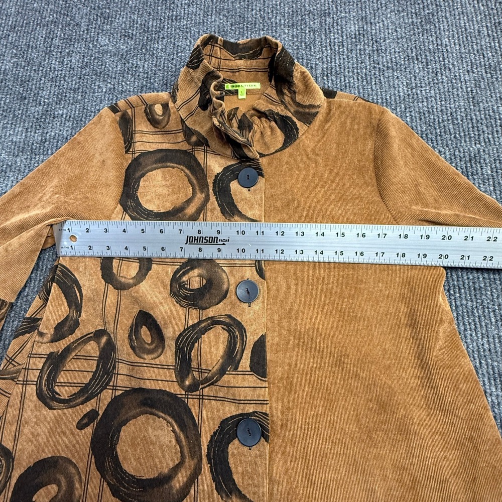 Trisha Tyler Women LARGE Corduroy Jacket Brown Abstract Circle Print Bell Sleeve - Picture 6 of 12